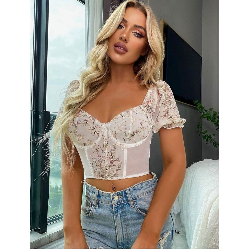 Floral Lace Puff Sleeve Sweetheart Neck Bustier Corset Crop Top